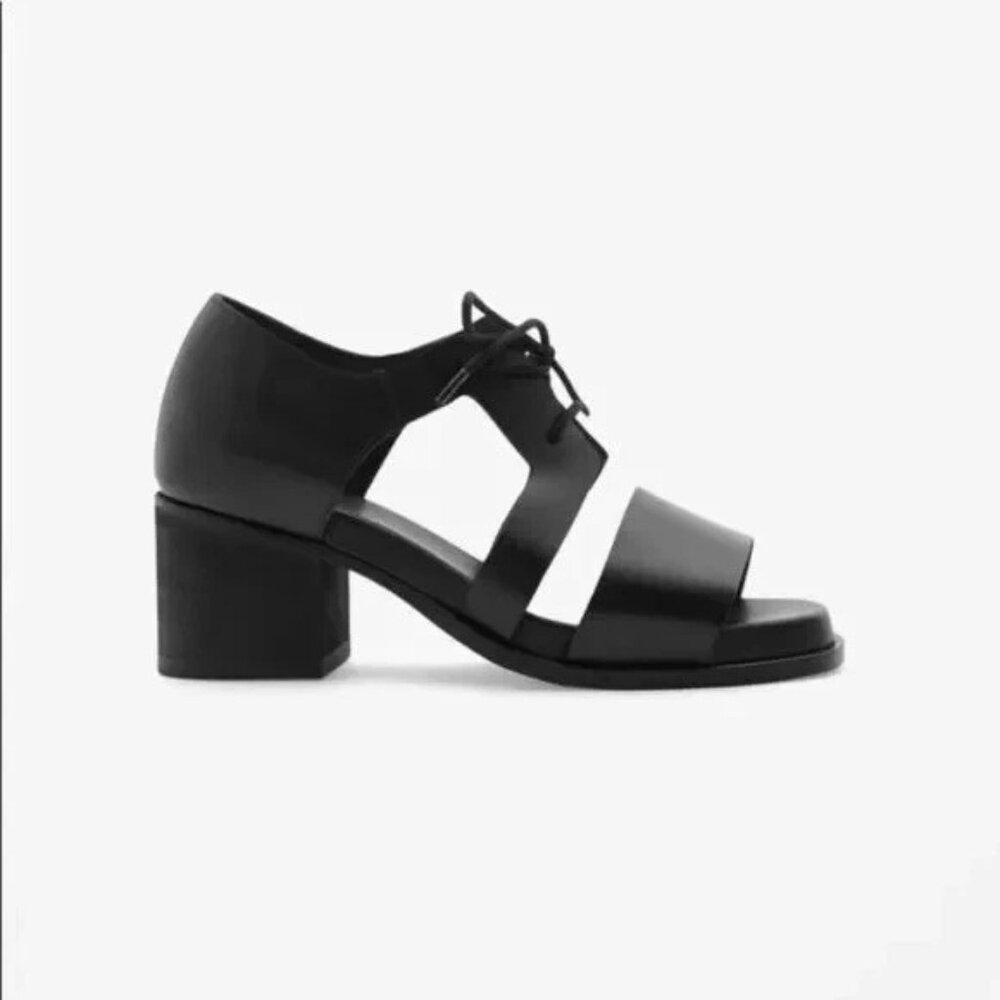 COS Black and White Lace-Up Cutout Block Heel Sandals